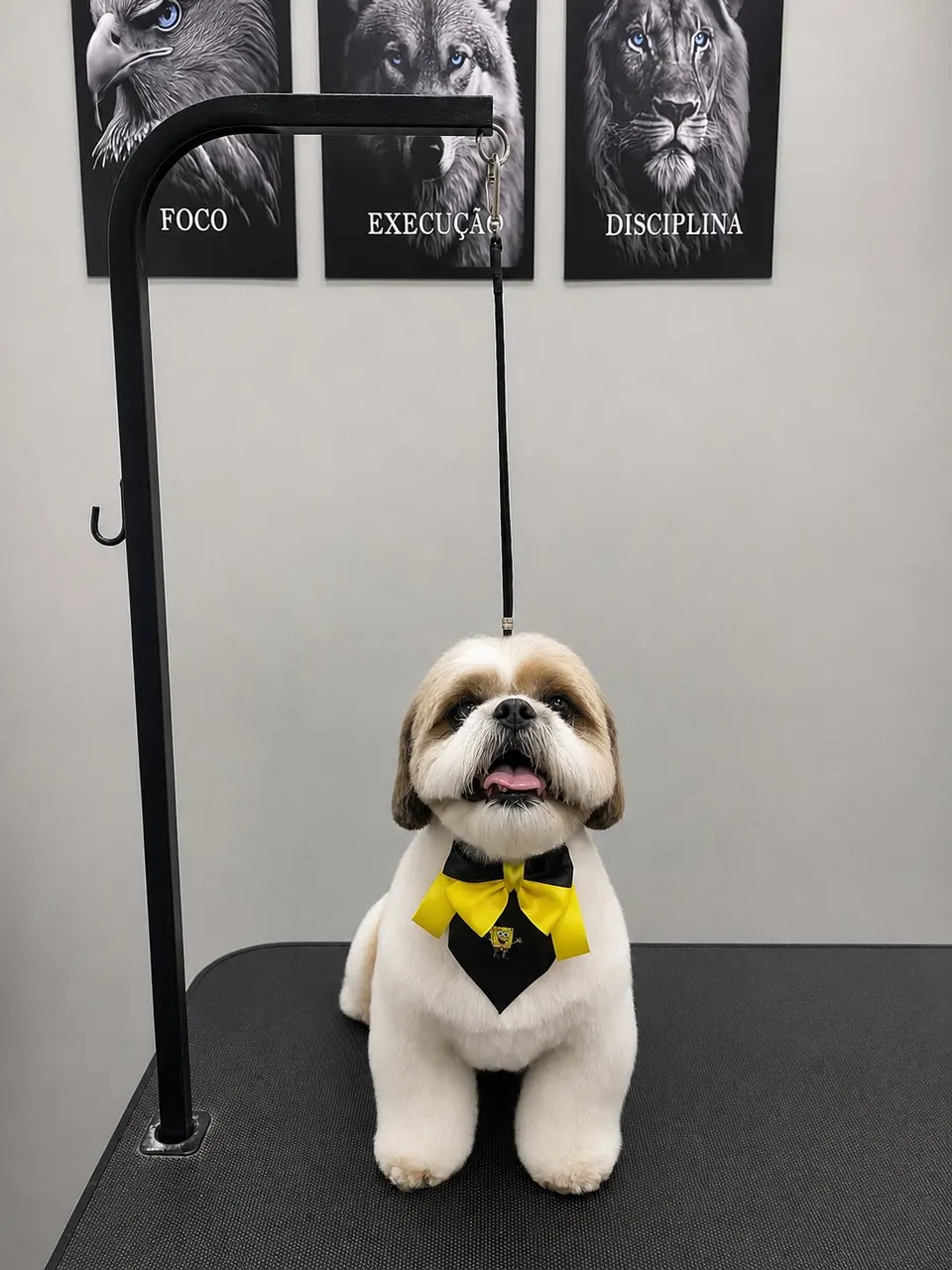 Cão de pelagem branca e marrom com gravata-borboleta amarela após a finalização
