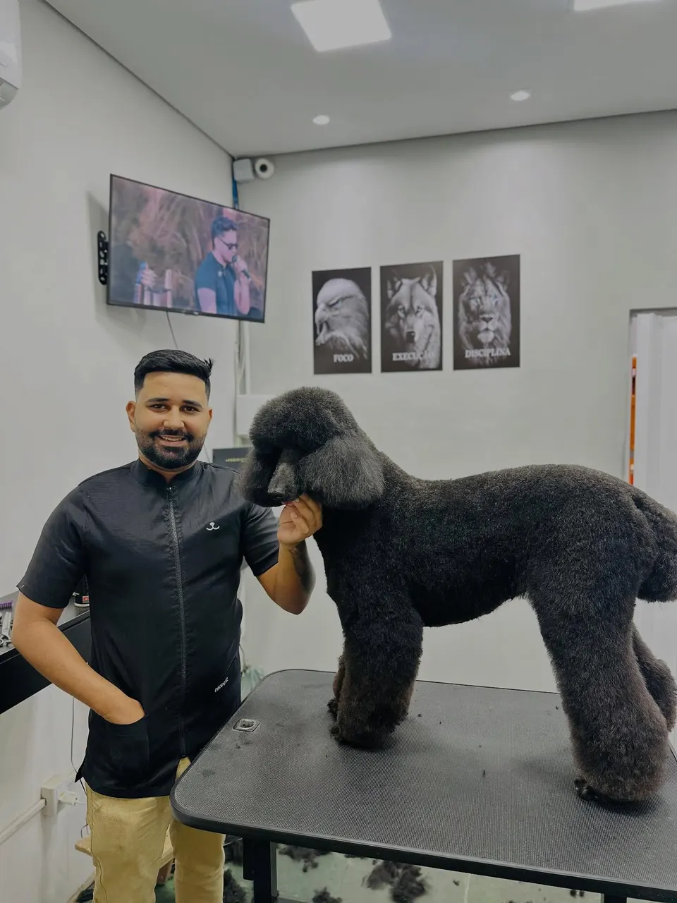 Profissional da DL ao lado de um poodle preto tosado